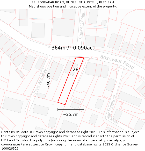 28, ROSEVEAR ROAD, BUGLE, ST AUSTELL, PL26 8PH: Plot and title map