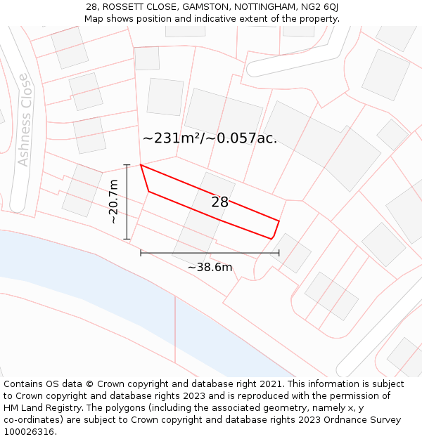 28, ROSSETT CLOSE, GAMSTON, NOTTINGHAM, NG2 6QJ: Plot and title map