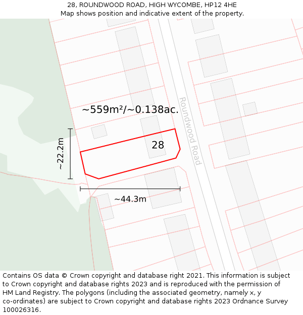 28, ROUNDWOOD ROAD, HIGH WYCOMBE, HP12 4HE: Plot and title map