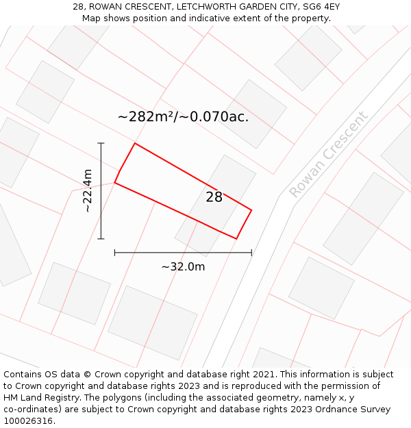 28, ROWAN CRESCENT, LETCHWORTH GARDEN CITY, SG6 4EY: Plot and title map