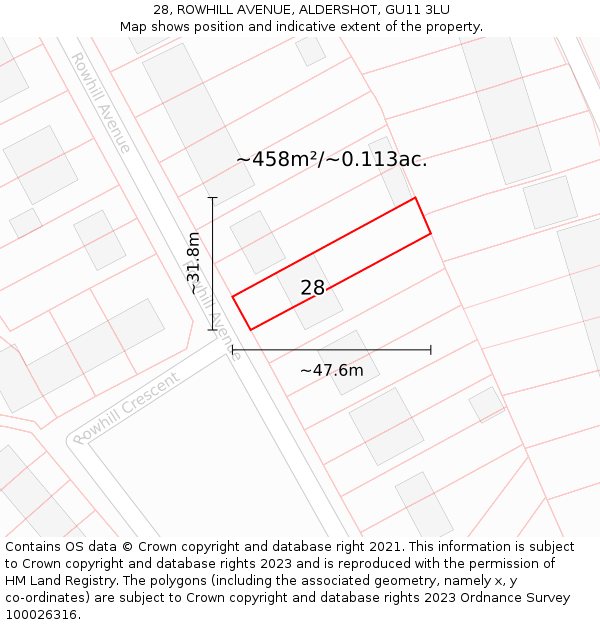 28, ROWHILL AVENUE, ALDERSHOT, GU11 3LU: Plot and title map