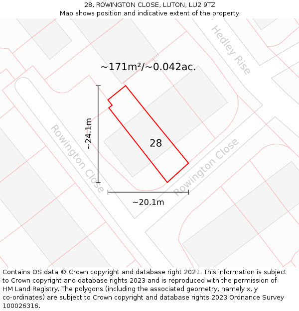 28, ROWINGTON CLOSE, LUTON, LU2 9TZ: Plot and title map