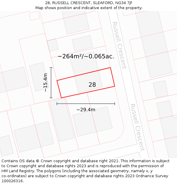 28, RUSSELL CRESCENT, SLEAFORD, NG34 7JF: Plot and title map