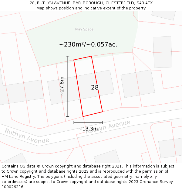 28, RUTHYN AVENUE, BARLBOROUGH, CHESTERFIELD, S43 4EX: Plot and title map