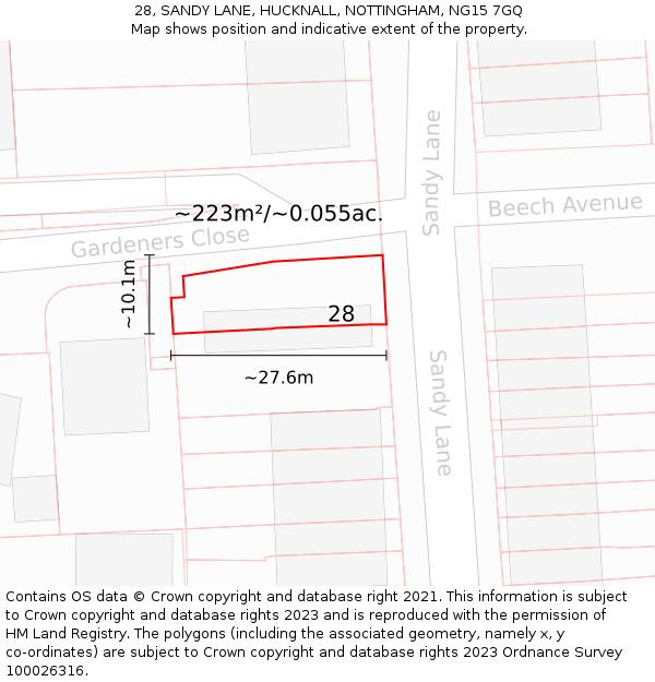 28, SANDY LANE, HUCKNALL, NOTTINGHAM, NG15 7GQ: Plot and title map