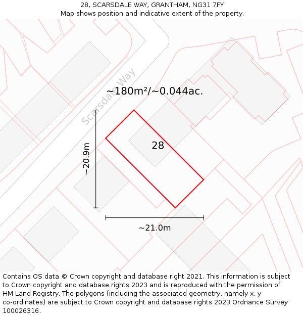 28, SCARSDALE WAY, GRANTHAM, NG31 7FY: Plot and title map