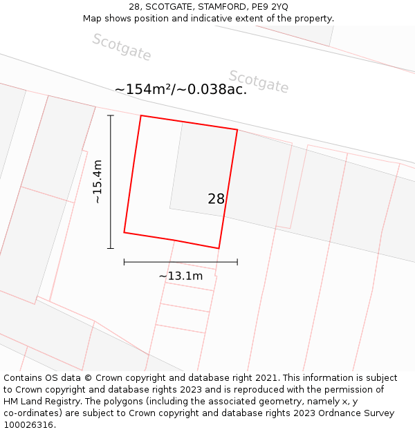 28, SCOTGATE, STAMFORD, PE9 2YQ: Plot and title map