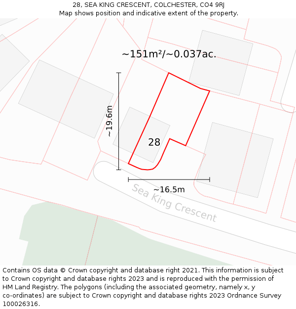 28, SEA KING CRESCENT, COLCHESTER, CO4 9RJ: Plot and title map