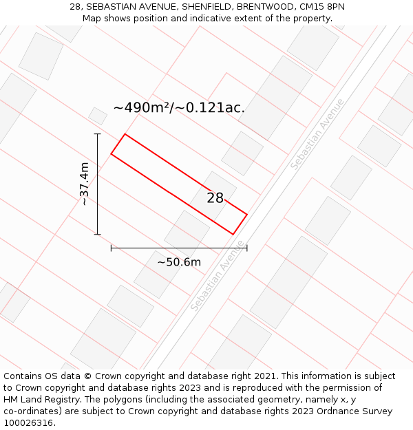 28, SEBASTIAN AVENUE, SHENFIELD, BRENTWOOD, CM15 8PN: Plot and title map