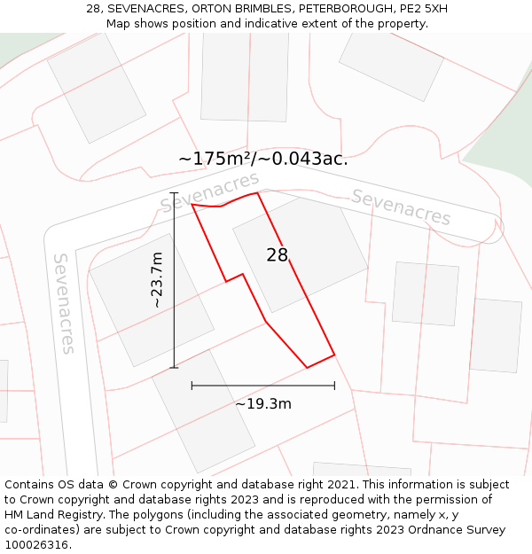 28, SEVENACRES, ORTON BRIMBLES, PETERBOROUGH, PE2 5XH: Plot and title map