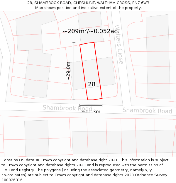 28, SHAMBROOK ROAD, CHESHUNT, WALTHAM CROSS, EN7 6WB: Plot and title map