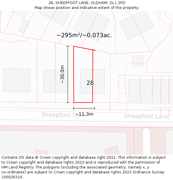 28, SHEEPFOOT LANE, OLDHAM, OL1 2PD: Plot and title map