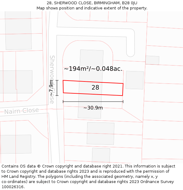 28, SHERWOOD CLOSE, BIRMINGHAM, B28 0JU: Plot and title map