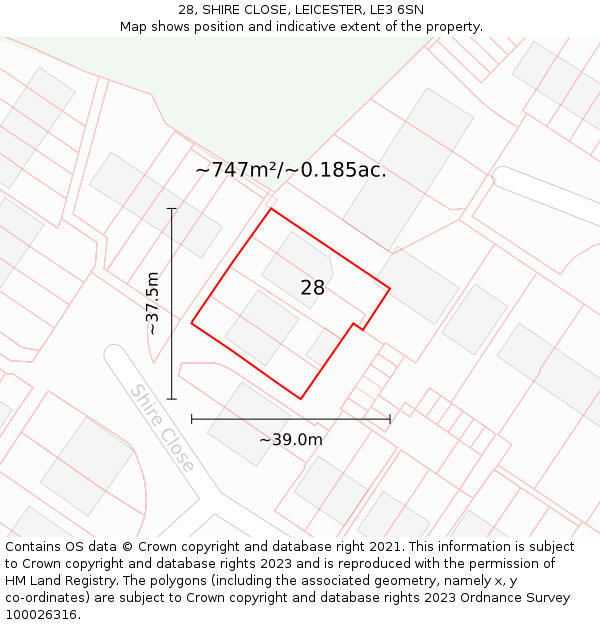 28, SHIRE CLOSE, LEICESTER, LE3 6SN: Plot and title map