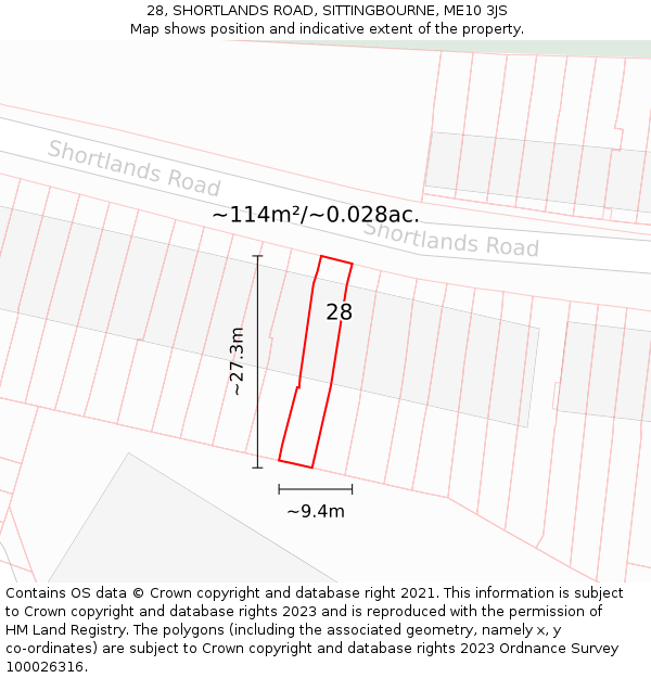 28, SHORTLANDS ROAD, SITTINGBOURNE, ME10 3JS: Plot and title map