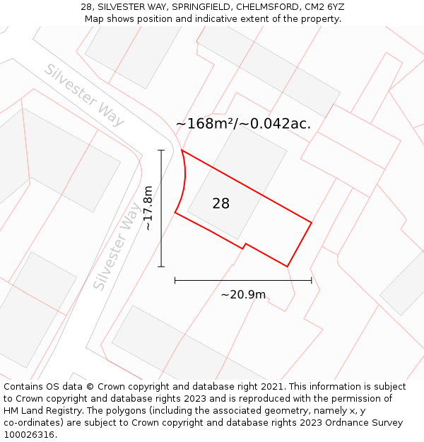 28, SILVESTER WAY, SPRINGFIELD, CHELMSFORD, CM2 6YZ: Plot and title map