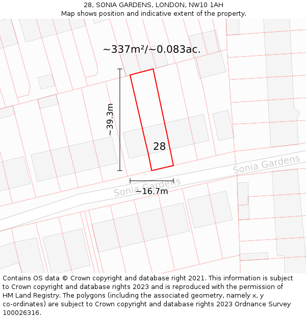 28, SONIA GARDENS, LONDON, NW10 1AH: Plot and title map