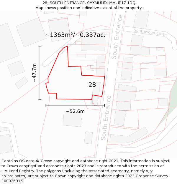 28, SOUTH ENTRANCE, SAXMUNDHAM, IP17 1DQ: Plot and title map