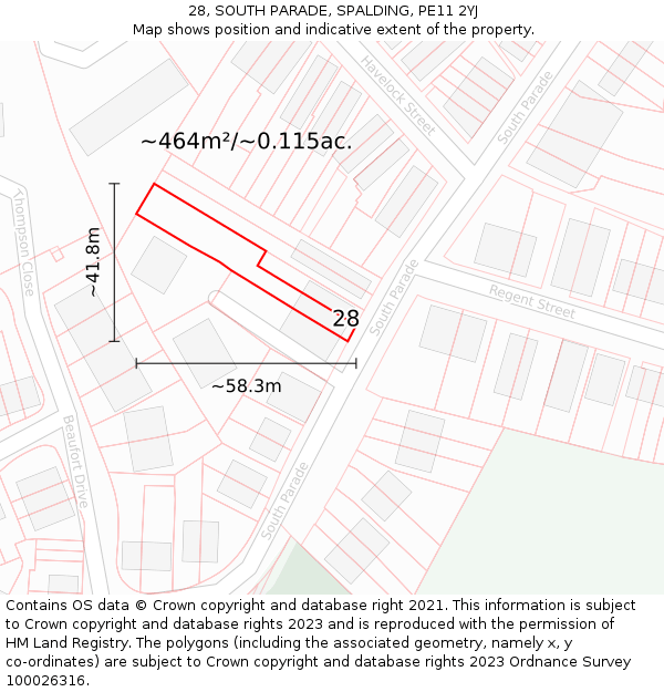 28, SOUTH PARADE, SPALDING, PE11 2YJ: Plot and title map