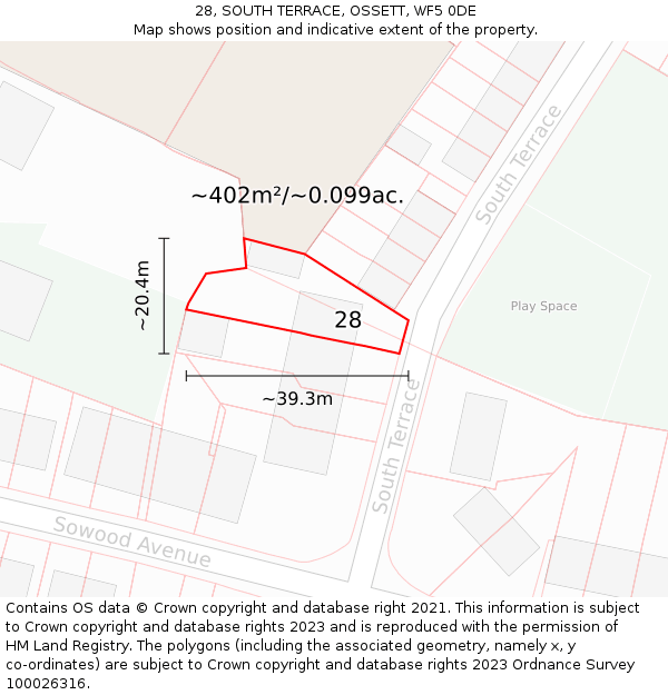 28, SOUTH TERRACE, OSSETT, WF5 0DE: Plot and title map