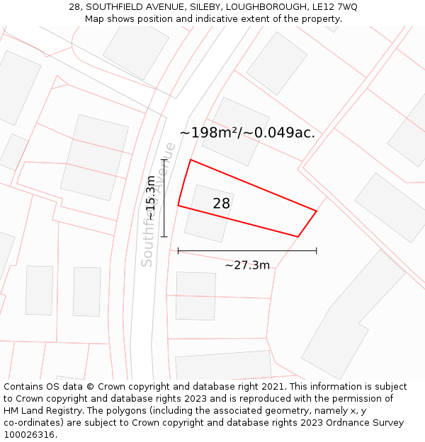 28, SOUTHFIELD AVENUE, SILEBY, LOUGHBOROUGH, LE12 7WQ: Plot and title map