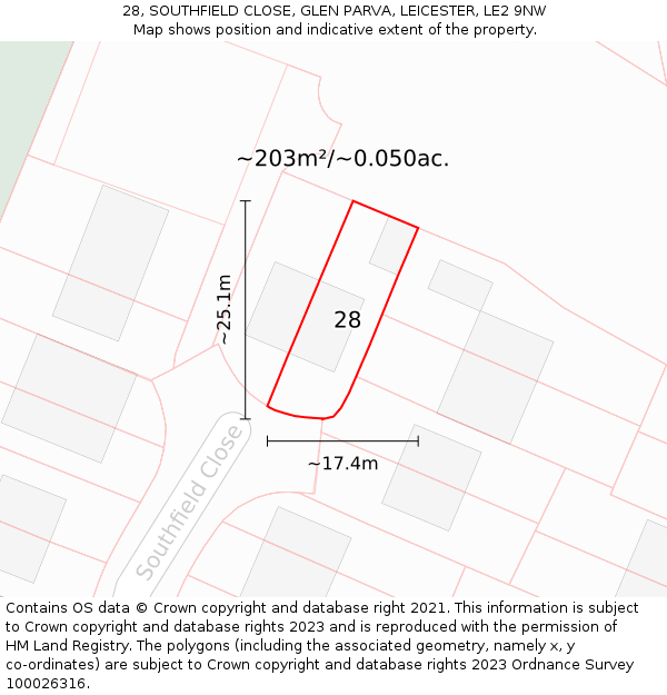 28, SOUTHFIELD CLOSE, GLEN PARVA, LEICESTER, LE2 9NW: Plot and title map