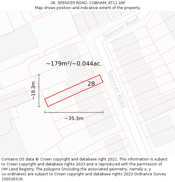 28, SPENCER ROAD, COBHAM, KT11 2AF: Plot and title map