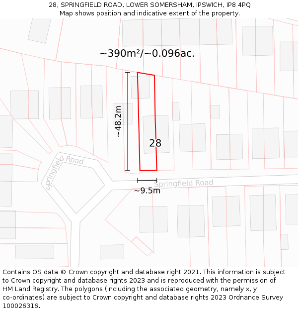 28, SPRINGFIELD ROAD, LOWER SOMERSHAM, IPSWICH, IP8 4PQ: Plot and title map