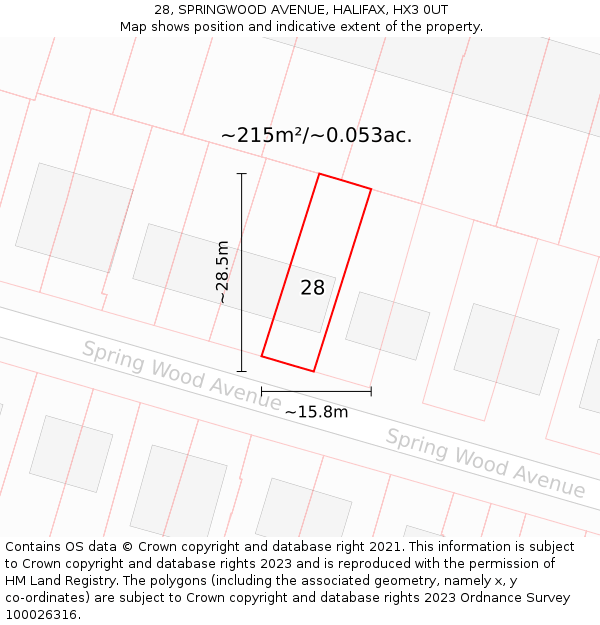 28, SPRINGWOOD AVENUE, HALIFAX, HX3 0UT: Plot and title map