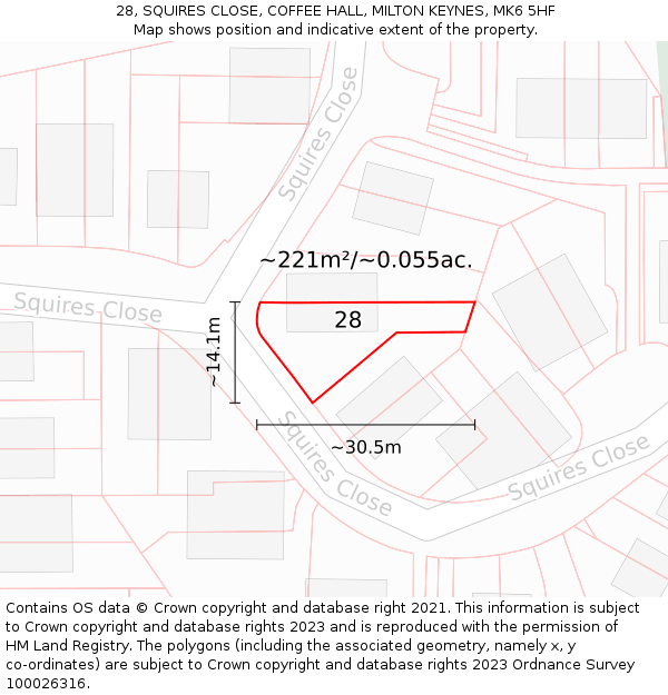 28, SQUIRES CLOSE, COFFEE HALL, MILTON KEYNES, MK6 5HF: Plot and title map