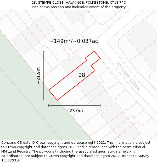 28, STEMPE CLOSE, HAWKINGE, FOLKESTONE, CT18 7PQ: Plot and title map