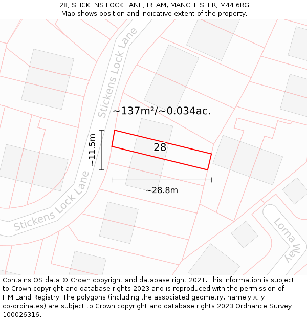 28, STICKENS LOCK LANE, IRLAM, MANCHESTER, M44 6RG: Plot and title map