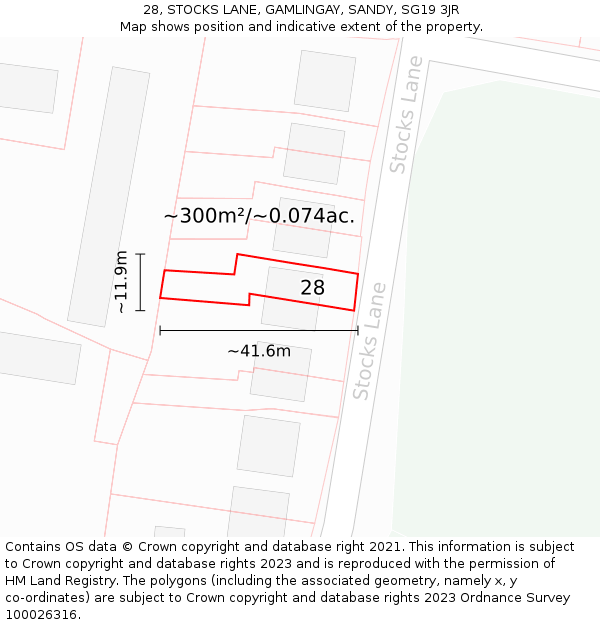 28, STOCKS LANE, GAMLINGAY, SANDY, SG19 3JR: Plot and title map