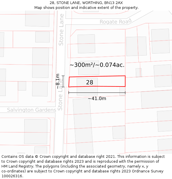 28, STONE LANE, WORTHING, BN13 2AX: Plot and title map