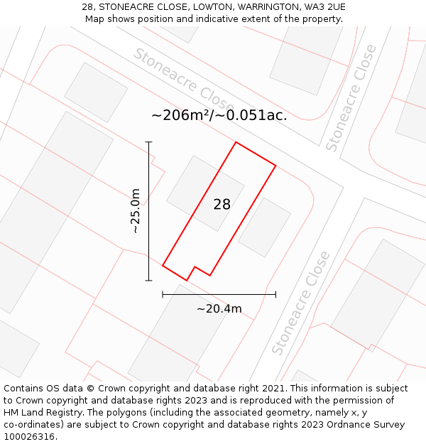 28, STONEACRE CLOSE, LOWTON, WARRINGTON, WA3 2UE: Plot and title map