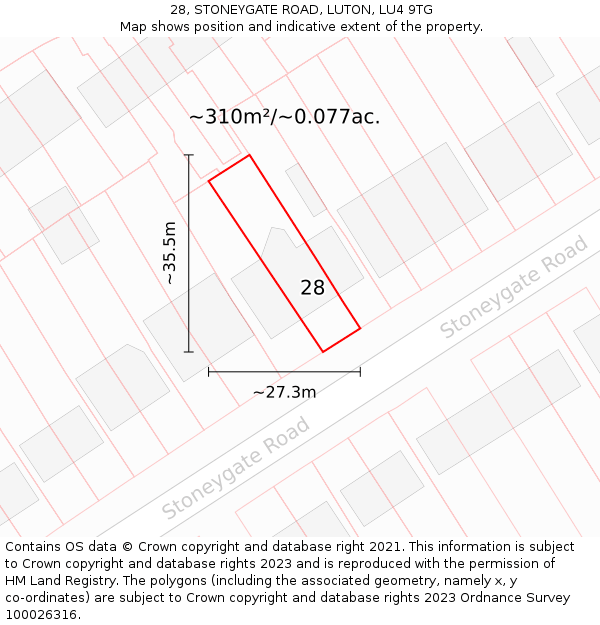 28, STONEYGATE ROAD, LUTON, LU4 9TG: Plot and title map