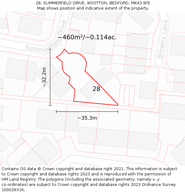 28, SUMMERFIELD DRIVE, WOOTTON, BEDFORD, MK43 9FE: Plot and title map