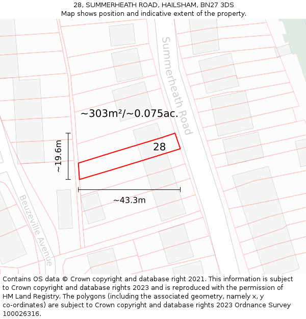 28, SUMMERHEATH ROAD, HAILSHAM, BN27 3DS: Plot and title map