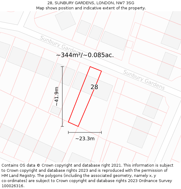 28, SUNBURY GARDENS, LONDON, NW7 3SG: Plot and title map