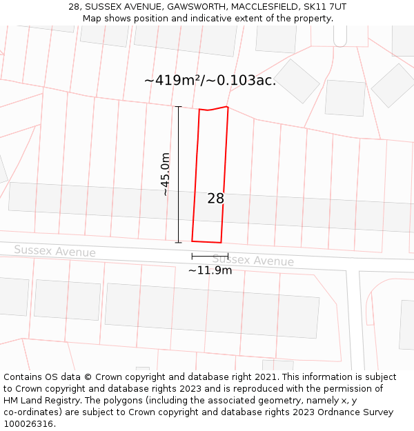 28, SUSSEX AVENUE, GAWSWORTH, MACCLESFIELD, SK11 7UT: Plot and title map