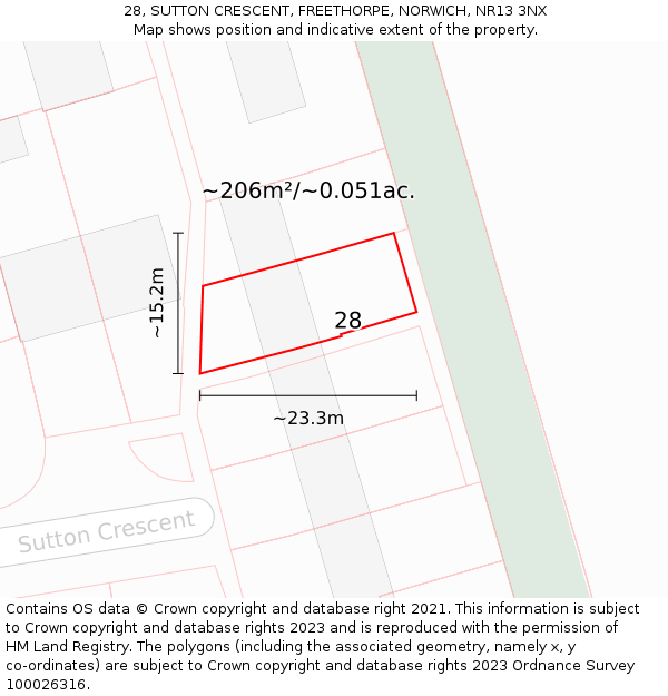 28, SUTTON CRESCENT, FREETHORPE, NORWICH, NR13 3NX: Plot and title map