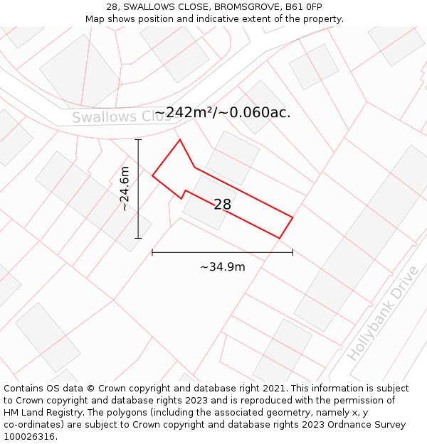 28, SWALLOWS CLOSE, BROMSGROVE, B61 0FP: Plot and title map