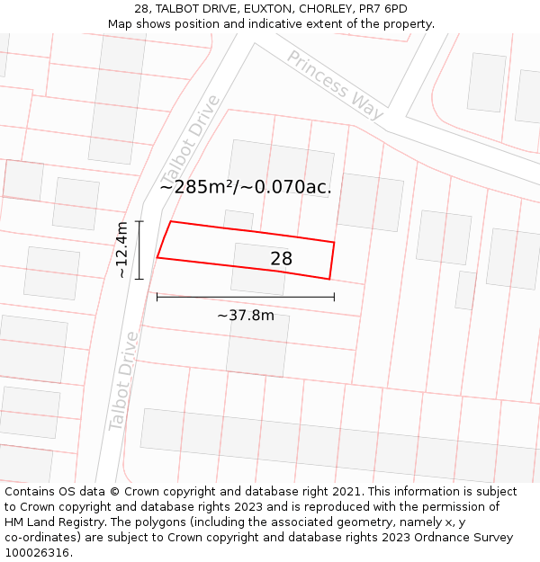 28, TALBOT DRIVE, EUXTON, CHORLEY, PR7 6PD: Plot and title map