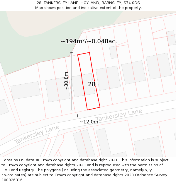 28, TANKERSLEY LANE, HOYLAND, BARNSLEY, S74 0DS: Plot and title map