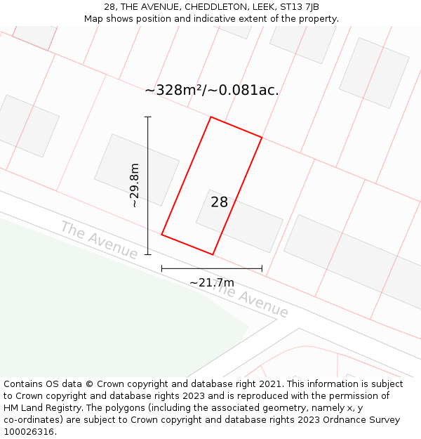 28, THE AVENUE, CHEDDLETON, LEEK, ST13 7JB: Plot and title map