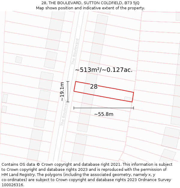 28, THE BOULEVARD, SUTTON COLDFIELD, B73 5JQ: Plot and title map