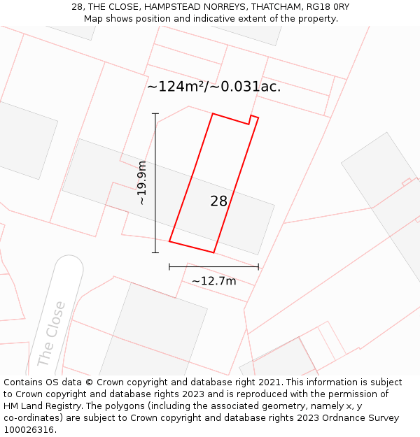 28, THE CLOSE, HAMPSTEAD NORREYS, THATCHAM, RG18 0RY: Plot and title map
