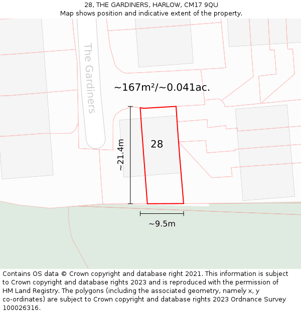 28, THE GARDINERS, HARLOW, CM17 9QU: Plot and title map