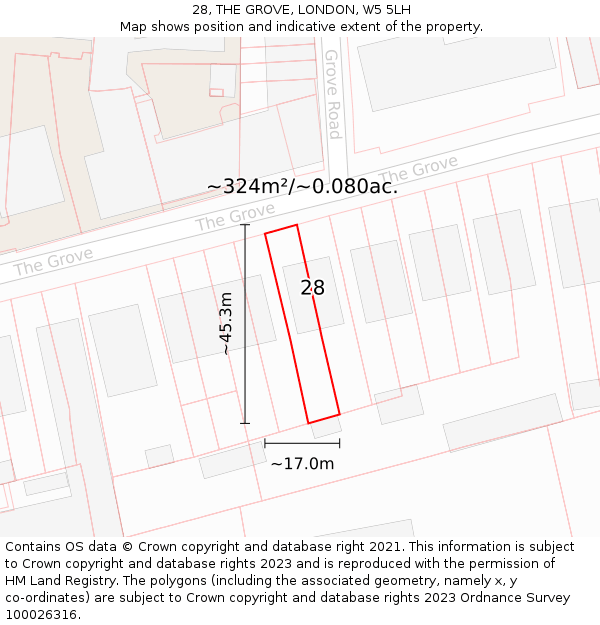 28, THE GROVE, LONDON, W5 5LH: Plot and title map