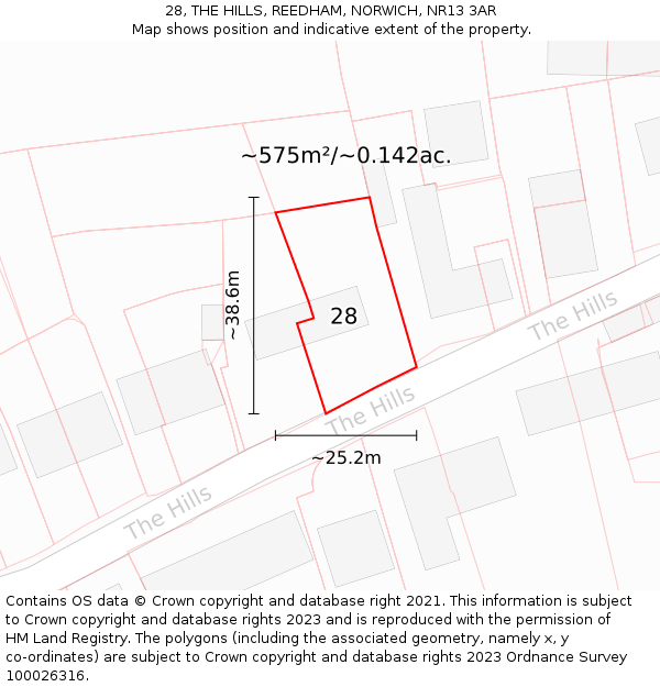 28, THE HILLS, REEDHAM, NORWICH, NR13 3AR: Plot and title map